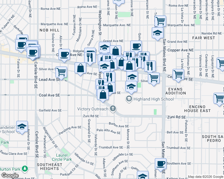 map of restaurants, bars, coffee shops, grocery stores, and more near 4600 Silver Avenue Southeast in Albuquerque