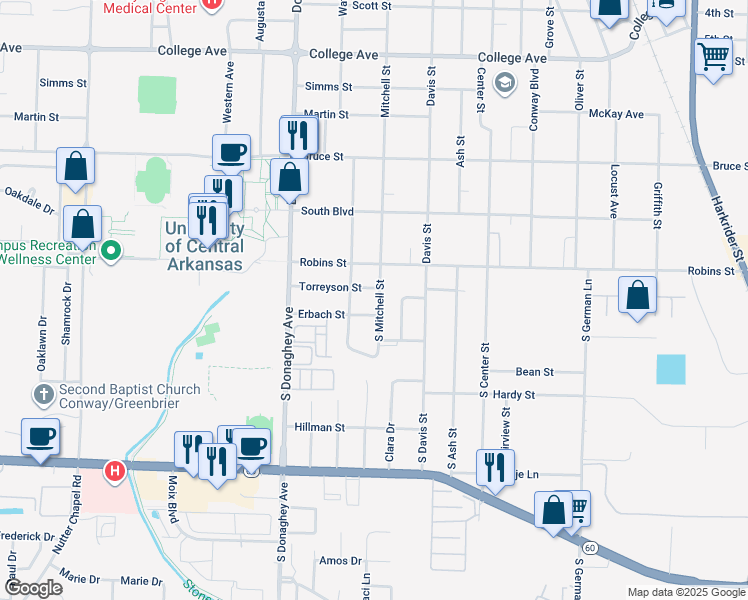 map of restaurants, bars, coffee shops, grocery stores, and more near 209 South Mitchell Street in Conway