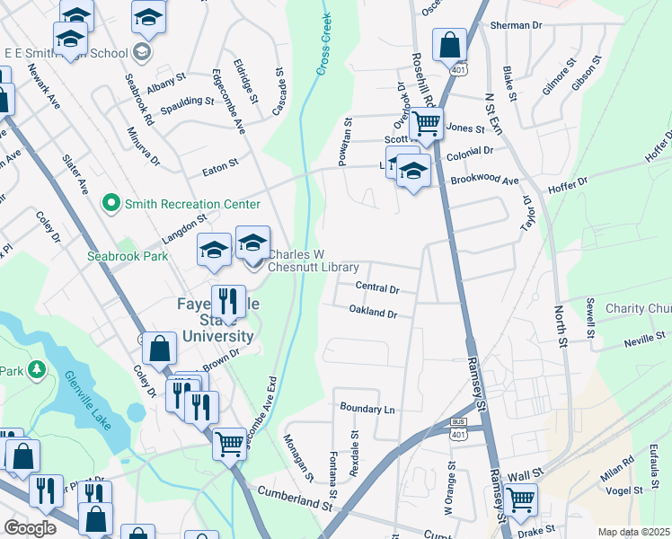 map of restaurants, bars, coffee shops, grocery stores, and more near 1200-1298 West Drive in Fayetteville
