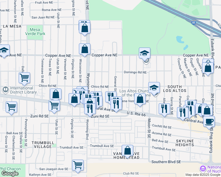 map of restaurants, bars, coffee shops, grocery stores, and more near 233 General Stilwell Street Northeast in Albuquerque