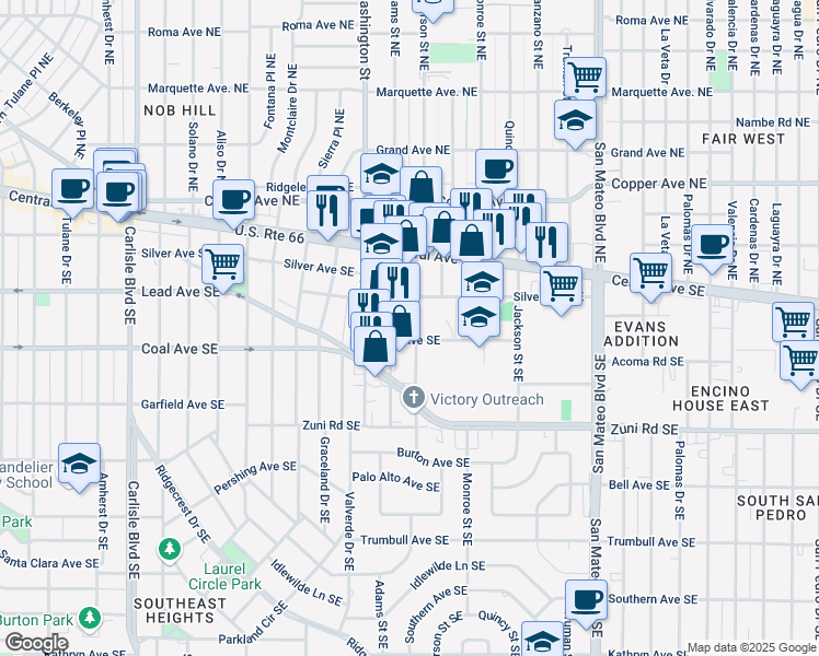 map of restaurants, bars, coffee shops, grocery stores, and more near 4600 Silver Avenue Southeast in Albuquerque