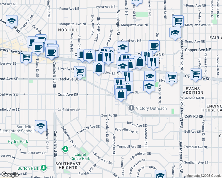 map of restaurants, bars, coffee shops, grocery stores, and more near 340 Valverde Drive Southeast in Albuquerque