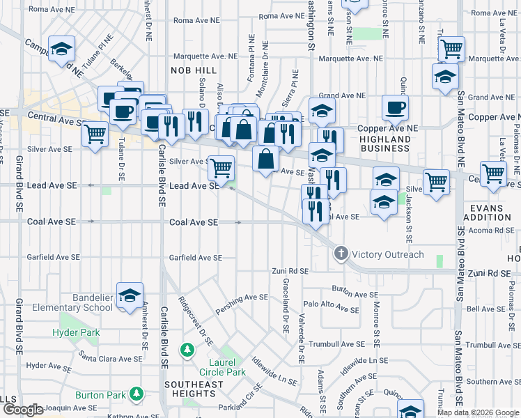 map of restaurants, bars, coffee shops, grocery stores, and more near 306 Montclaire Drive Southeast in Albuquerque