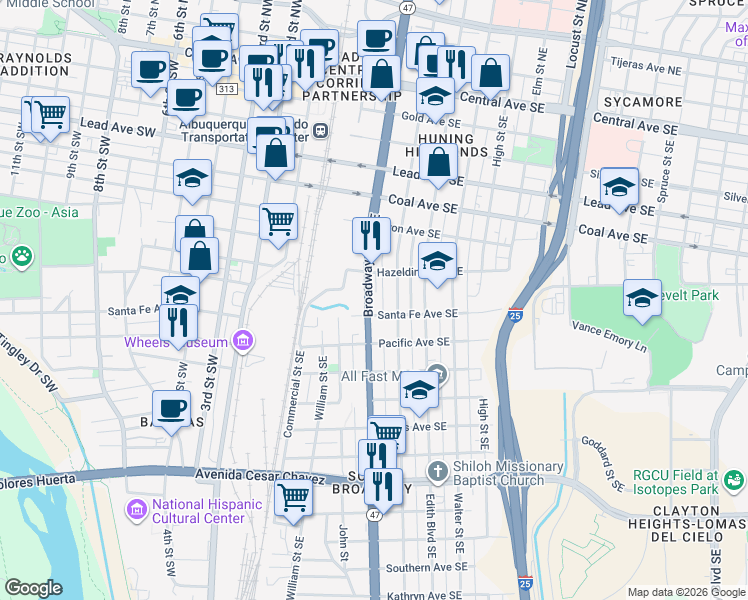 map of restaurants, bars, coffee shops, grocery stores, and more near 724 Broadway Boulevard Southeast in Albuquerque