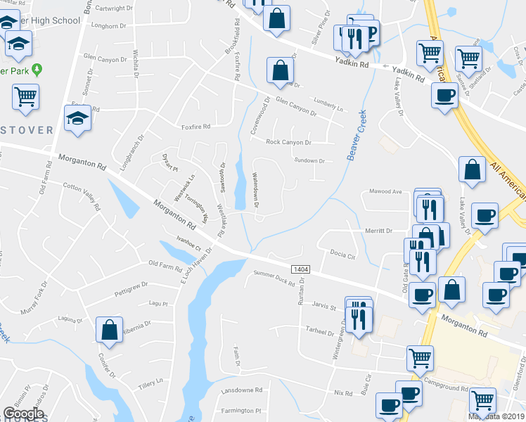 map of restaurants, bars, coffee shops, grocery stores, and more near 357 Waterdown Drive in Fayetteville