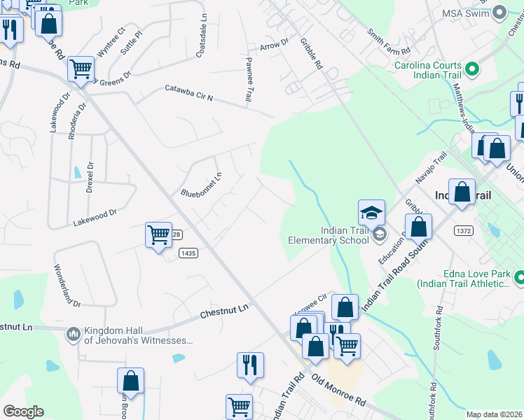 map of restaurants, bars, coffee shops, grocery stores, and more near 300 Bryson Road in Indian Trail