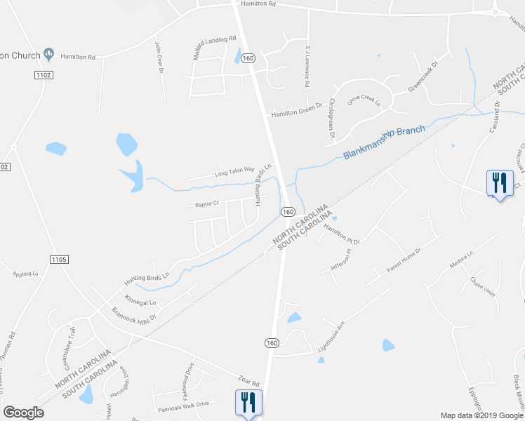 map of restaurants, bars, coffee shops, grocery stores, and more near 12320 Hunting Birds Lane in Charlotte