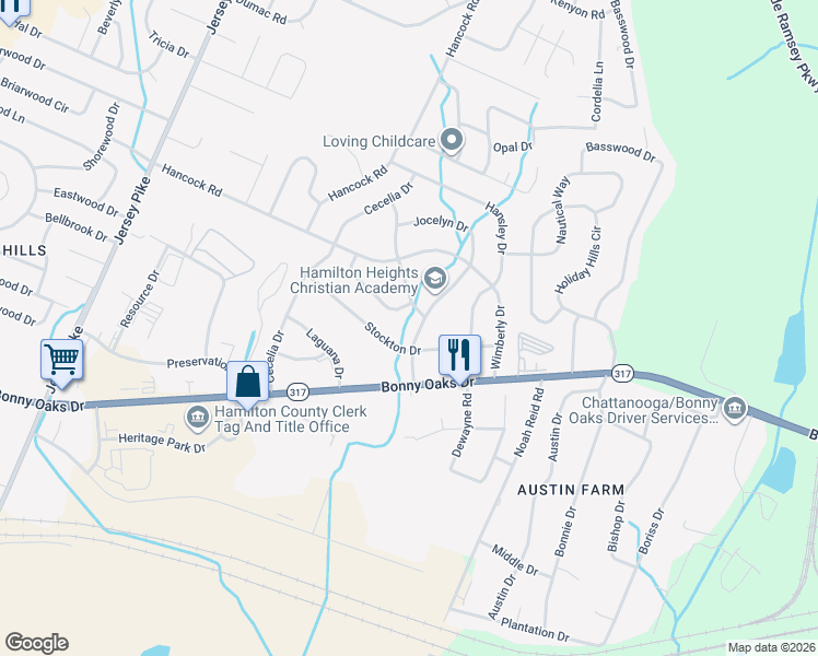 map of restaurants, bars, coffee shops, grocery stores, and more near 7713 Canyon Drive in Chattanooga
