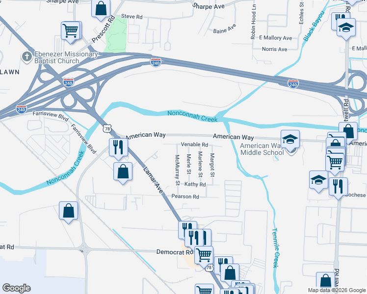 map of restaurants, bars, coffee shops, grocery stores, and more near 3525 Venable Road in Memphis