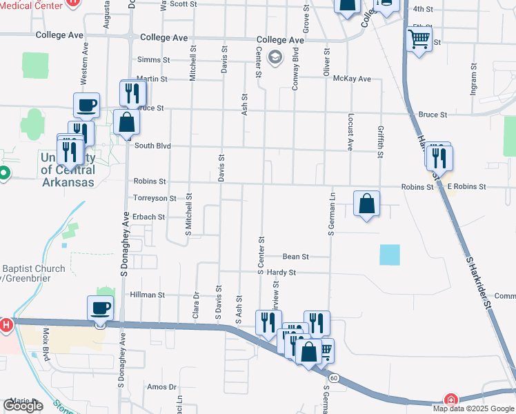 map of restaurants, bars, coffee shops, grocery stores, and more near 170 South Ash Street in Conway