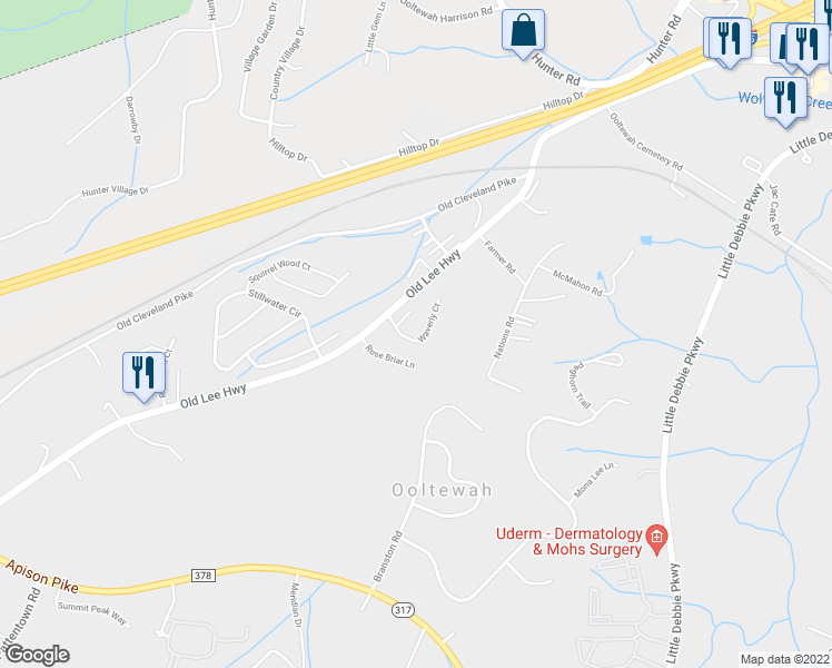 map of restaurants, bars, coffee shops, grocery stores, and more near 4809 Waverly Court in Ooltewah