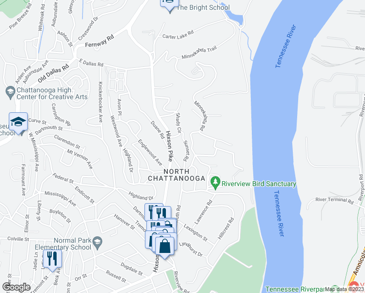 map of restaurants, bars, coffee shops, grocery stores, and more near 1525 Sunset Road in Chattanooga