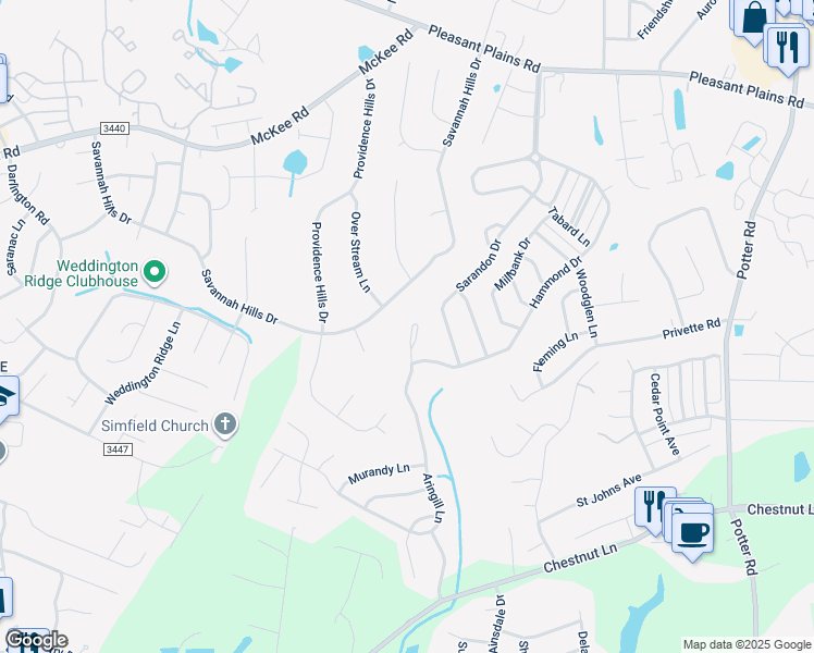 map of restaurants, bars, coffee shops, grocery stores, and more near 1008 Aringill Lane in Matthews