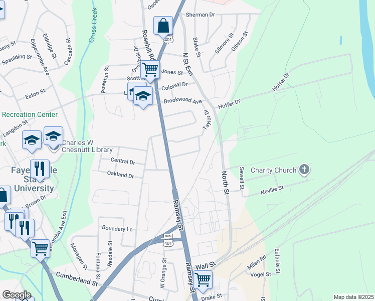 map of restaurants, bars, coffee shops, grocery stores, and more near 117 Mullins Avenue in Fayetteville