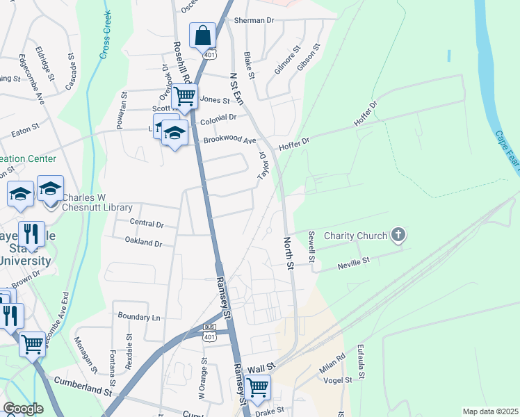 map of restaurants, bars, coffee shops, grocery stores, and more near 145 Buckingham Avenue in Fayetteville