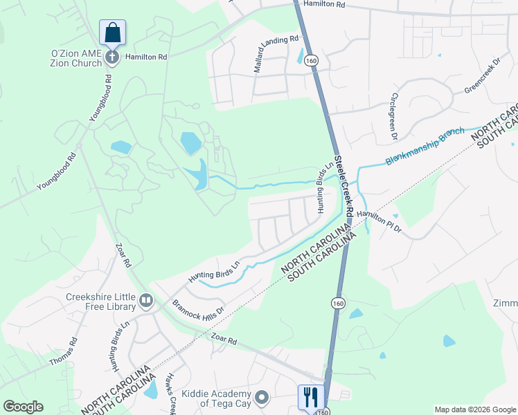 map of restaurants, bars, coffee shops, grocery stores, and more near 12428 Caracara Court in Charlotte