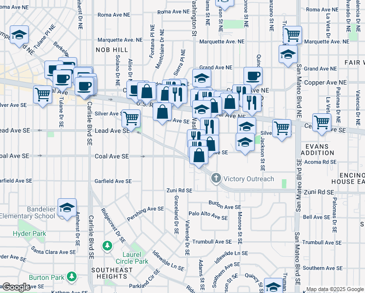 map of restaurants, bars, coffee shops, grocery stores, and more near 340 Valverde Drive Southeast in Albuquerque