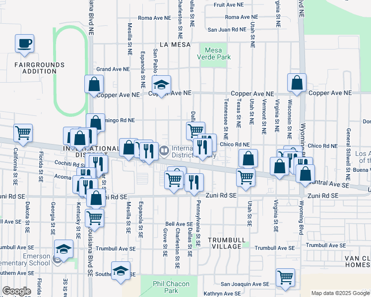 map of restaurants, bars, coffee shops, grocery stores, and more near 123 Dallas Street Northeast in Albuquerque