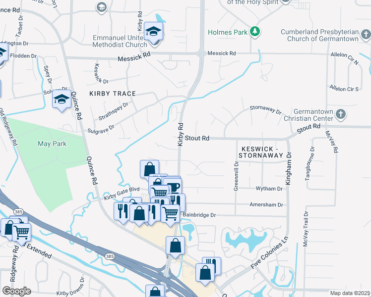 map of restaurants, bars, coffee shops, grocery stores, and more near 2676 Kirby Road in Memphis