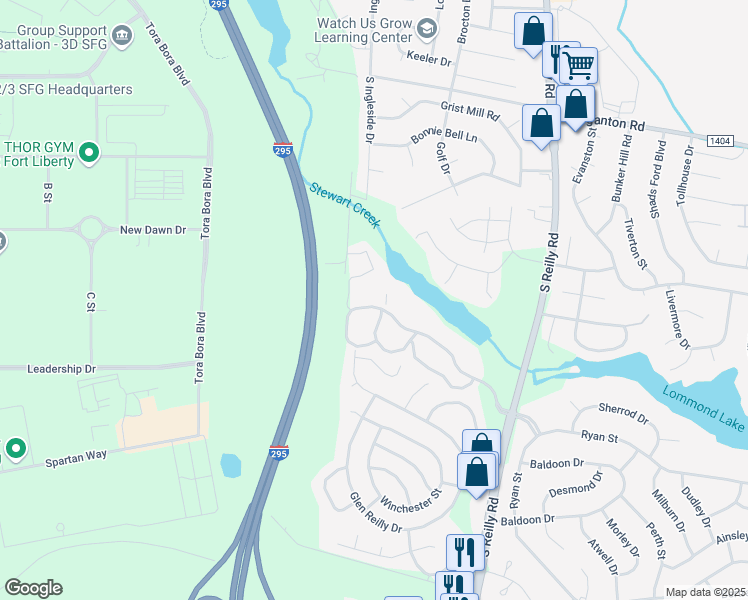 map of restaurants, bars, coffee shops, grocery stores, and more near 6792 Willowbrook Drive in Fayetteville