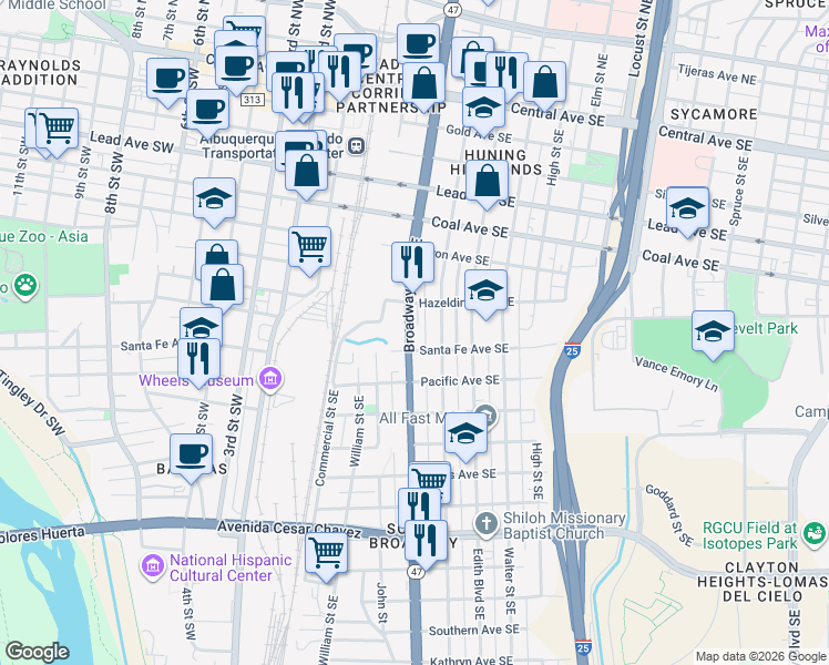 map of restaurants, bars, coffee shops, grocery stores, and more near 724 Broadway Boulevard Southeast in Albuquerque
