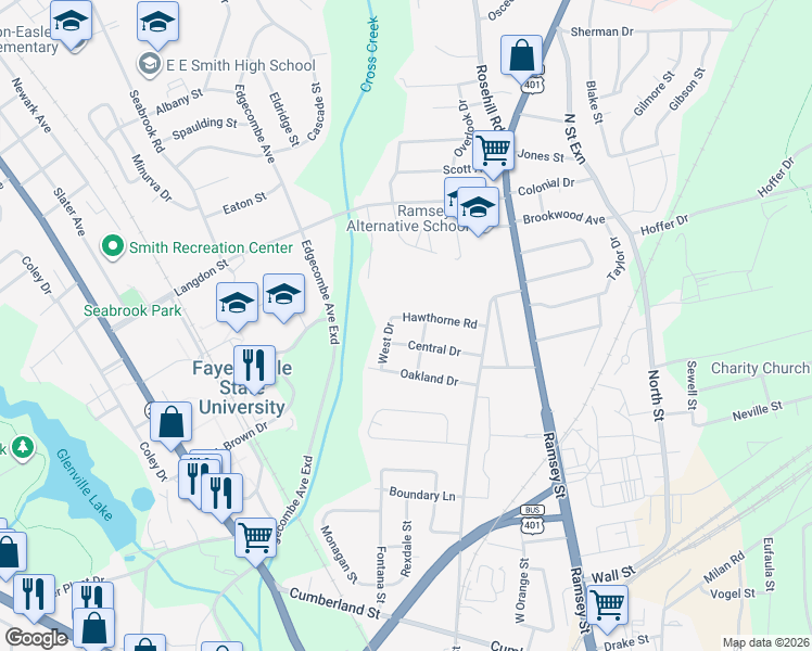 map of restaurants, bars, coffee shops, grocery stores, and more near 1200-1298 West Drive in Fayetteville