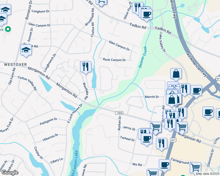 map of restaurants, bars, coffee shops, grocery stores, and more near 334 Waterdown Drive in Fayetteville