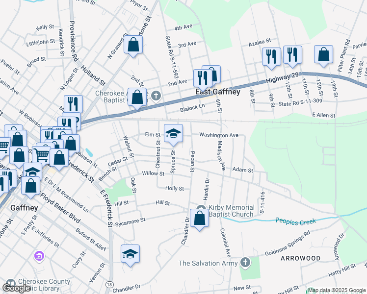 map of restaurants, bars, coffee shops, grocery stores, and more near 301 Spruce Street in Gaffney
