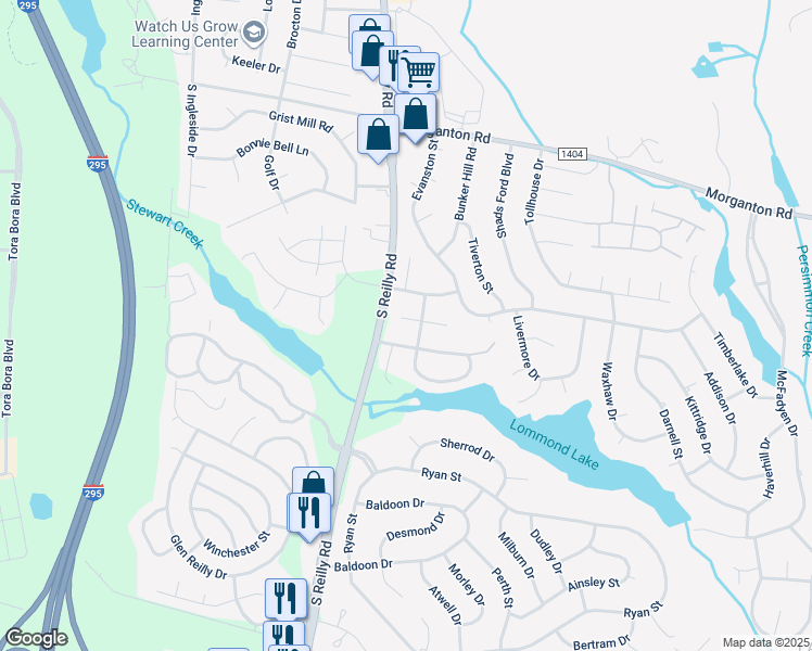 map of restaurants, bars, coffee shops, grocery stores, and more near 6503 Somerset Court in Fayetteville