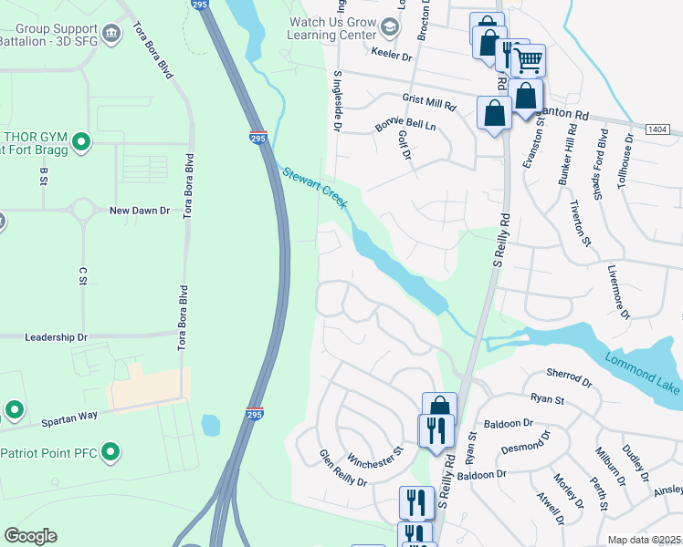 map of restaurants, bars, coffee shops, grocery stores, and more near 6792 Willowbrook Drive in Fayetteville