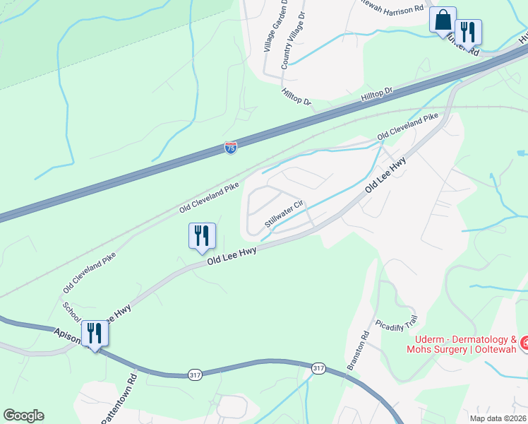 map of restaurants, bars, coffee shops, grocery stores, and more near 7926 Stillwater Circle in Ooltewah