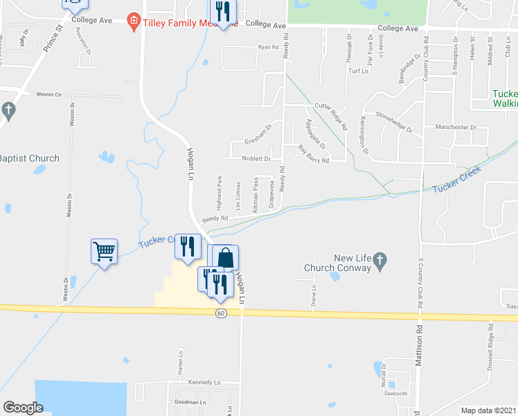 map of restaurants, bars, coffee shops, grocery stores, and more near 180 Aikman Pass in Conway