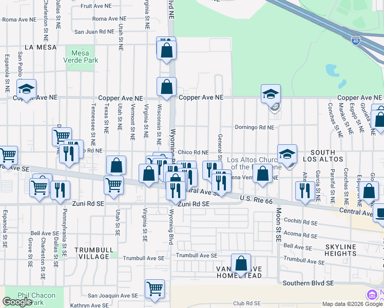 map of restaurants, bars, coffee shops, grocery stores, and more near 149 General Bradley Street Northeast in Albuquerque