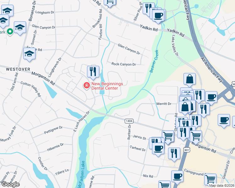 map of restaurants, bars, coffee shops, grocery stores, and more near 334 Waterdown Drive in Fayetteville