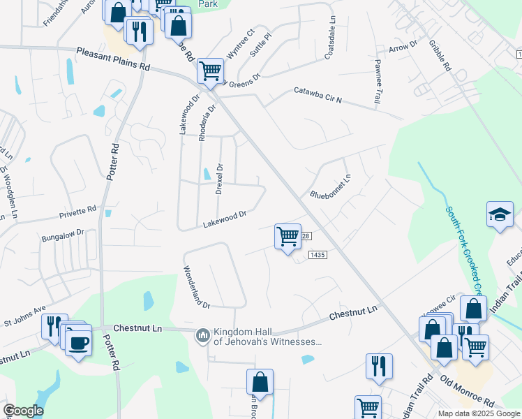 map of restaurants, bars, coffee shops, grocery stores, and more near 1116 Lakewood Drive in Stallings