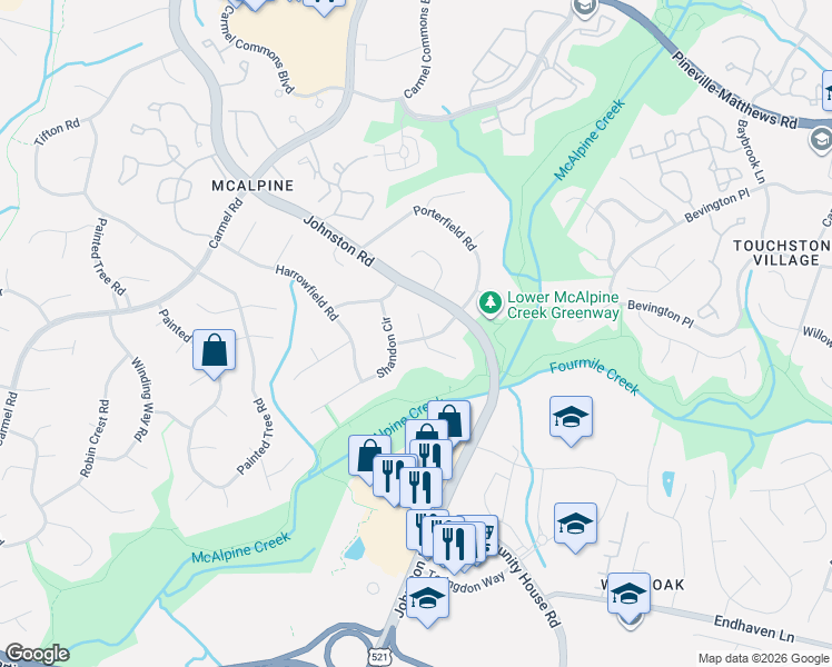 map of restaurants, bars, coffee shops, grocery stores, and more near 11728 Laurel Grove Lane in Charlotte
