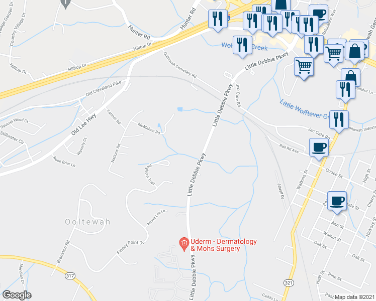 map of restaurants, bars, coffee shops, grocery stores, and more near 5333 Little Debbie Parkway in Ooltewah