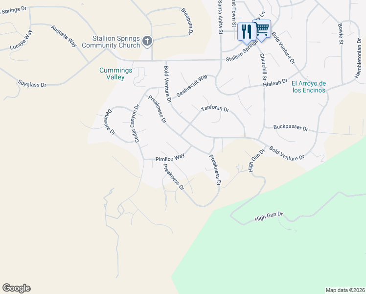 map of restaurants, bars, coffee shops, grocery stores, and more near 28150 Preakness Drive in Tehachapi