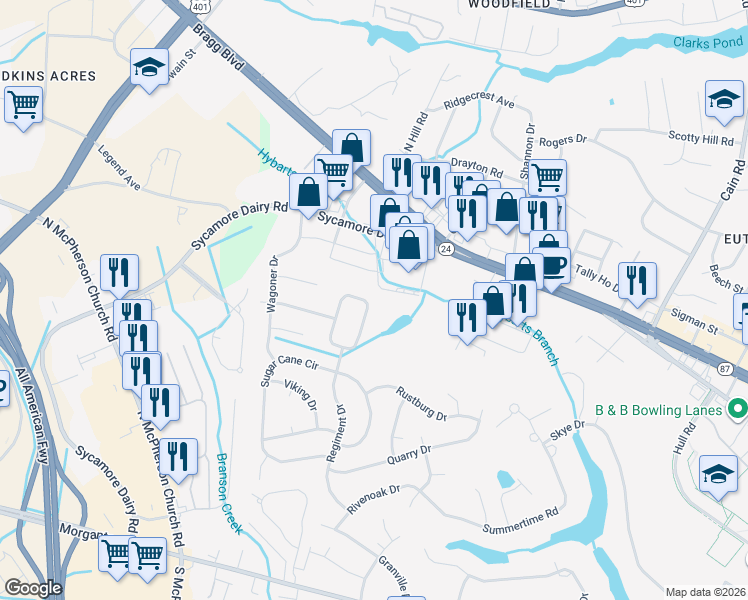 map of restaurants, bars, coffee shops, grocery stores, and more near 3549 Turnberry Circle in Fayetteville
