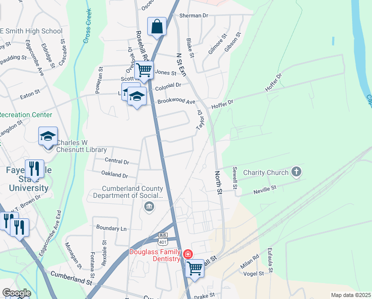 map of restaurants, bars, coffee shops, grocery stores, and more near 121 Mullins Avenue in Fayetteville