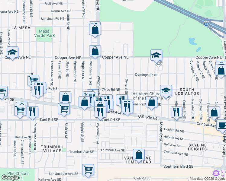 map of restaurants, bars, coffee shops, grocery stores, and more near 150 General Bradley Street Northeast in Albuquerque