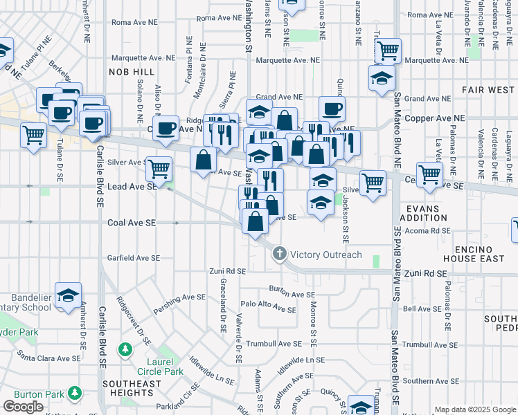 map of restaurants, bars, coffee shops, grocery stores, and more near 225 Adams Street Southeast in Albuquerque
