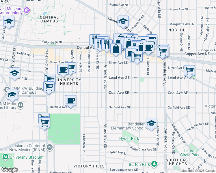map of restaurants, bars, coffee shops, grocery stores, and more near in Albuquerque