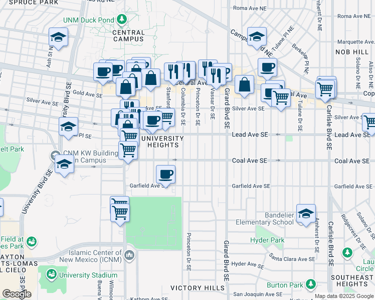 map of restaurants, bars, coffee shops, grocery stores, and more near 318 Columbia Drive Southeast in Albuquerque