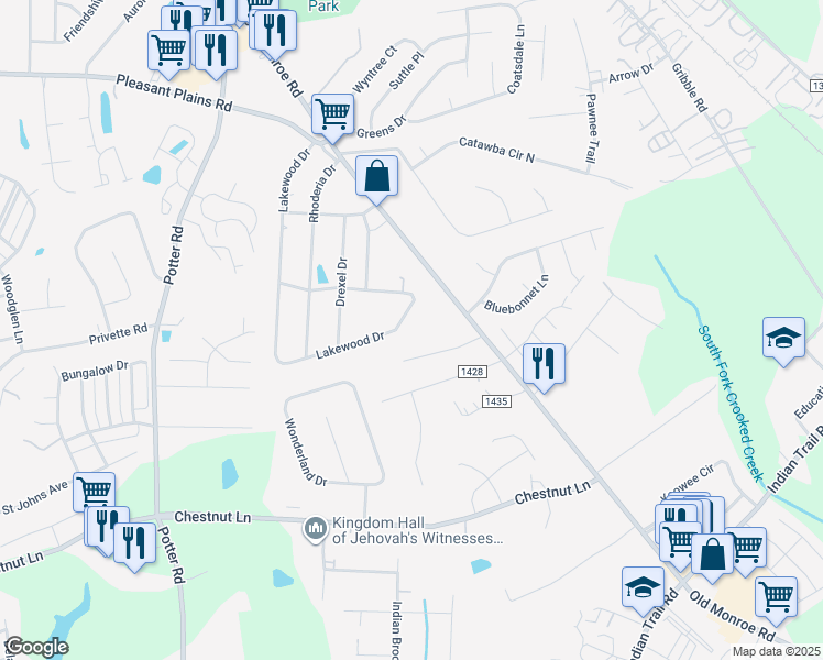 map of restaurants, bars, coffee shops, grocery stores, and more near 1116 Lakewood Drive in Stallings