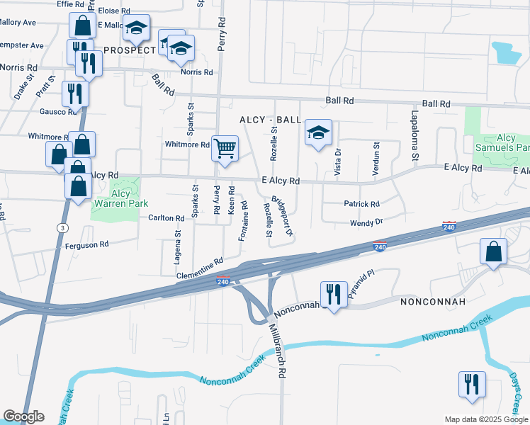 map of restaurants, bars, coffee shops, grocery stores, and more near 2542 Rozelle Street in Memphis
