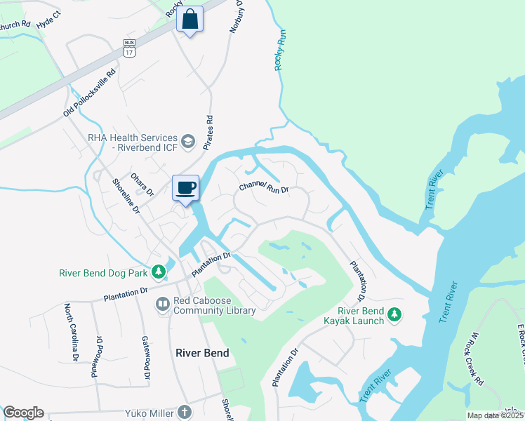 map of restaurants, bars, coffee shops, grocery stores, and more near 112 Starboard Drive in New Bern