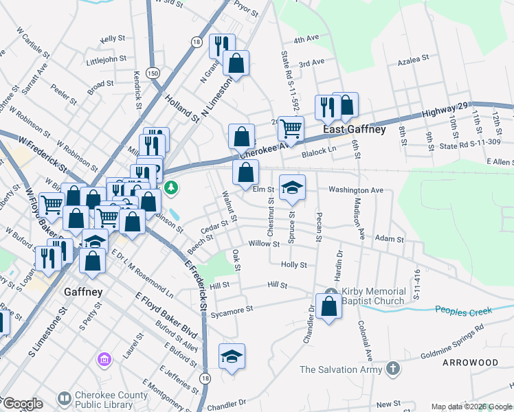 map of restaurants, bars, coffee shops, grocery stores, and more near 208 Magnolia Street in Gaffney