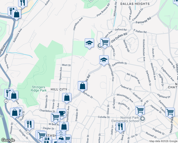 map of restaurants, bars, coffee shops, grocery stores, and more near 737 Gatti Lane in Chattanooga
