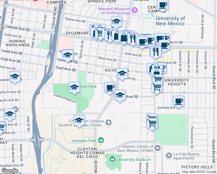 map of restaurants, bars, coffee shops, grocery stores, and more near 717 University Boulevard Southeast in Albuquerque